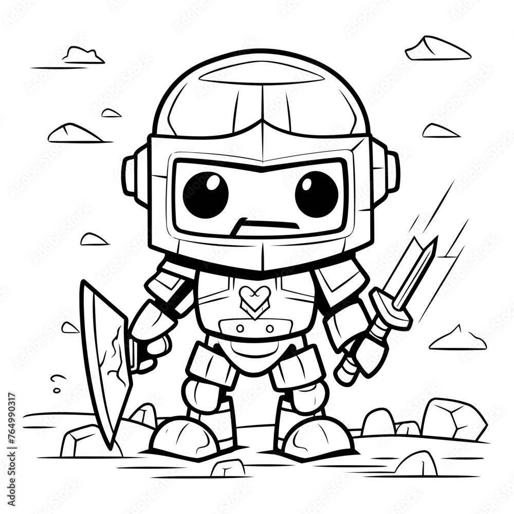 Cartoon Illustration of Cute Robot Fantasy Character for Coloring Book