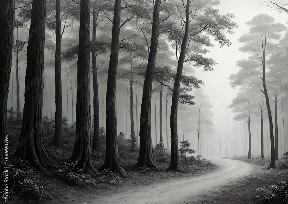 Naklejka premium landscape in a fabulous forest, rainbow spectrum of colorful autumn trees in unusual neon lighting, fog background autumn fantasy painted, mountain and forest terrain, Generative AI