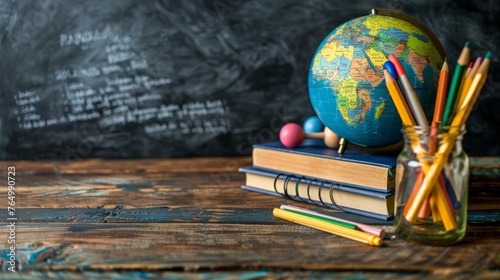 Vibrant back to school concept: earth globe, books, notebooks, colorful stationery, and more on wooden table with chalkboard background photo