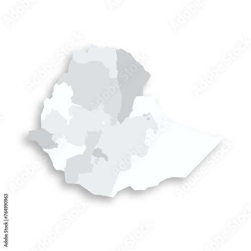 Ethiopia political map of administrative divisions - regions and chartered cities. Grey blank flat vector map with dropped shadow.