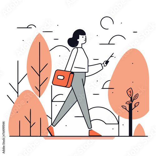 Vector illustration of a young woman walking in the park with a bag.