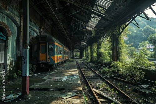 Eerie Abandoned rail station. Iron track design. Generate AI