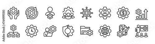 Business management thin line icon set. Containing managing, process, manager, organization, teamwork, connection, strategy, marketing, planning, hierarchy, employee. vector illustration