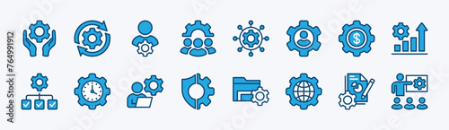 Set of business management icon. Containing managing, process, manager, organization, teamwork, connection, strategy, marketing, planning, hierarchy, employee, time, file folder. vector illustration