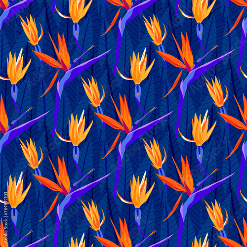 Tropical flower seamless pattern with modern yellow, orange color strelitzia, on blue leaves background, hand drawing illustration © LilaloveDesign