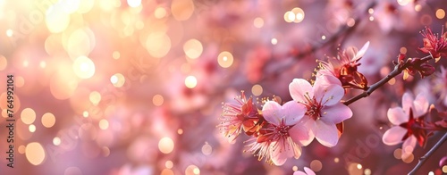 Cherry blossom in spring. Beautiful nature scene with blooming tree and sun flare. Spring flowers on blurred bokeh pink background with bokeh lights