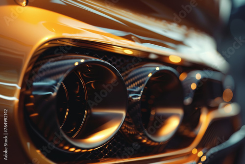 A close-up of a luxury car's exhaust pipe, its unique design creating an abstract pattern in the warm light © Formoney