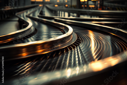 A close-up of a conveyor belt in an industrial factory, the products moving along the belt creating a rhythmic pattern photo