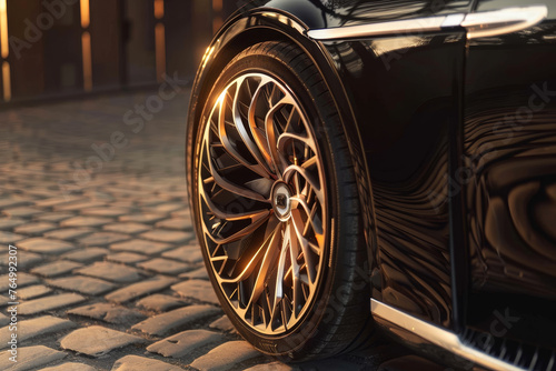 A close-up of a luxury car's wheel, its intricate design creating an abstract pattern in the warm light