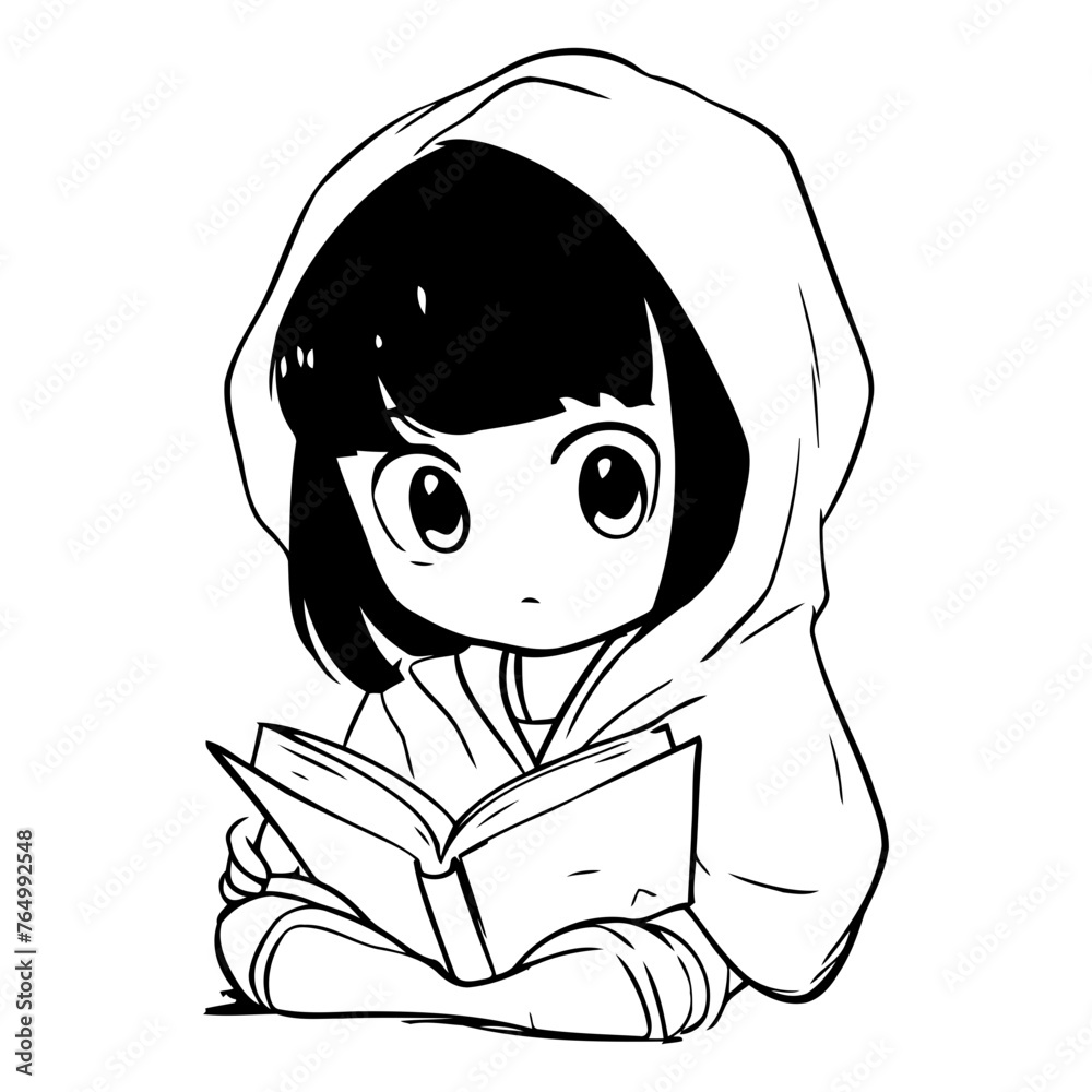 Illustration of a Cute Little Girl Reading a Book on a White Background