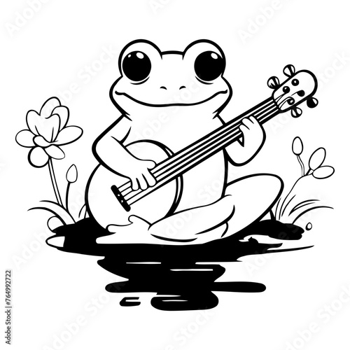 Frog playing guitar on the river. Cute cartoon vector illustration.