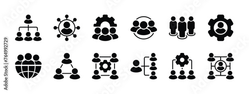 Management business organization icon set. Containing human resource group, structure hierarchy, teamwork, leadership, employee network, global connection or communication. vector illustration