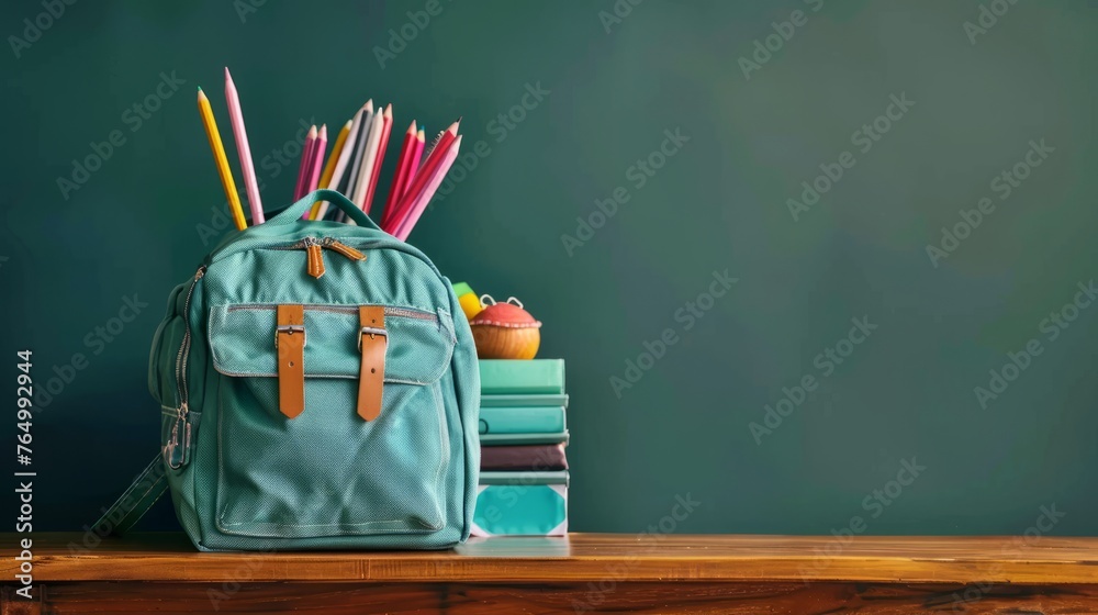 Back to school: backpack and supplies on wooden desk in classroom setting Back to school: backpack and supplies on wooden desk in classroom setting