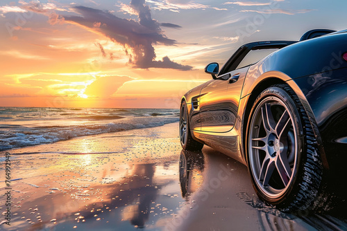 A luxury car parked on a beach at sunset, the warm light reflecting off the sea creating a serene and peaceful scene © Formoney