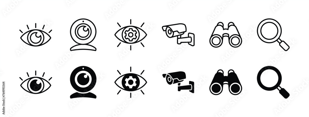 Business vision thin line icon set. Containing eye, eyesight, webcam, cctv camera, telescope, binoculars, search magnifier, eye with gear. vector illustration