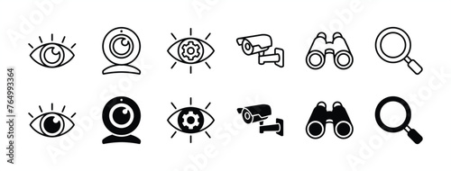 Business vision thin line icon set. Containing eye, eyesight, webcam, cctv camera, telescope, binoculars, search magnifier, eye with gear. vector illustration