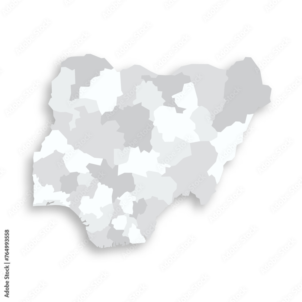 Obraz premium Nigeria political map of administrative divisions - states and federal capital territory. Grey blank flat vector map with dropped shadow.