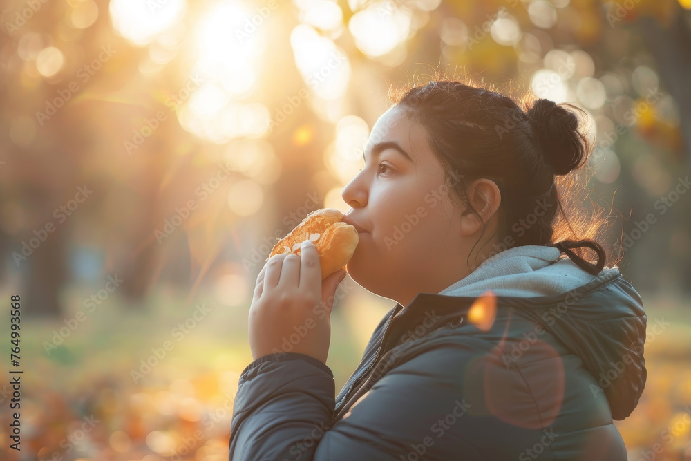 Obraz premium A plus-size model enjoying a post-workout snack in a park after a jog