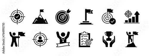 Business development target and goal icon set Containing aim, planning, strategy, mountain peak flag, marketing, success, victory, achievement, objective, checklist targets, reward vector illustration