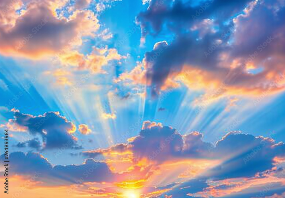 Beautiful sky with sun shining trough blue and yellow clouds Stock ...