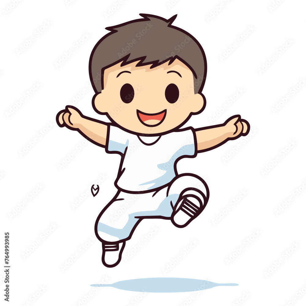 Cute boy doing karate kick. Isolated on white background.