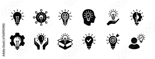 Business idea icon set. Containing light bulb, thinking out of the box, innovation, creativity. Lamp with brain, head, connection, gear settings, checkmark, target and goal management. illustration