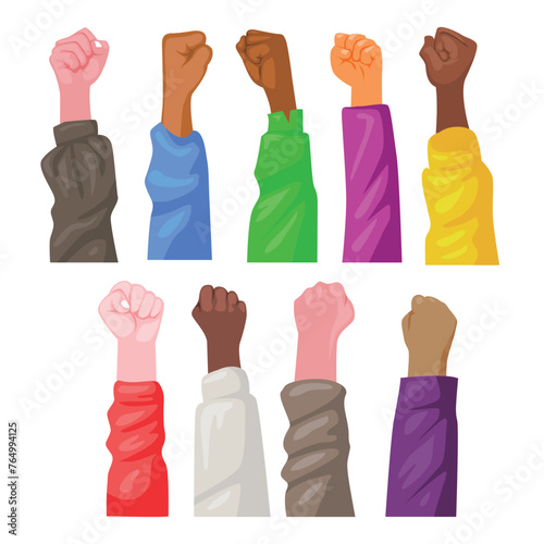 Set of Raised hand with clenched fist  gesture collection, raised up fist in protest no war, revolution riot. freedom power, people right, activist democracy concept, vector illustration.