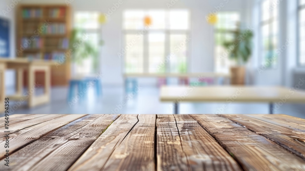 Rustic wooden tabletop against blurred classroom interior - back to school concept Rustic wooden tabletop against blurred classroom interior - back to school concept