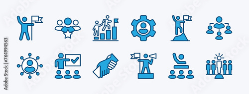 Business leadership icon set. Containing achievement, teamwork, team, partnership, work group, human resources manager, campaign, motivation, support, structure hierarchy. vector illustration
