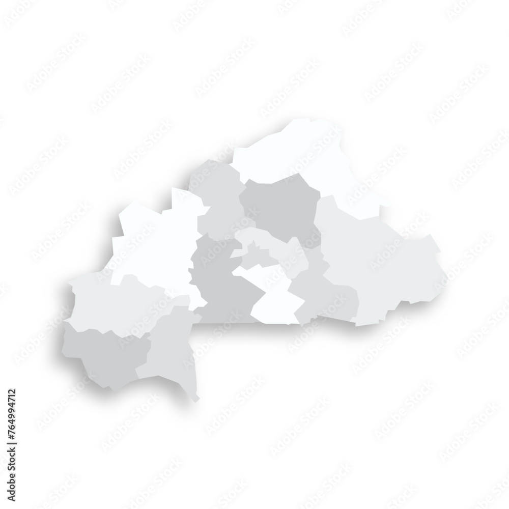 Fototapeta premium Burkina Faso political map of administrative divisions - regions. Grey blank flat vector map with dropped shadow.