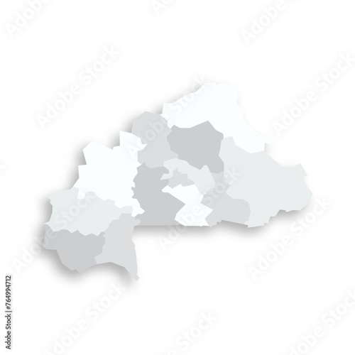 Burkina Faso political map of administrative divisions - regions. Grey blank flat vector map with dropped shadow.