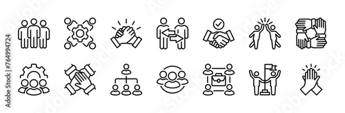 Business teamwork icon set. Containing team working together  partnership  work group  agreement  handshake  support  structure hierarchy  collaboration  co-worker  cooperation. vector illustration