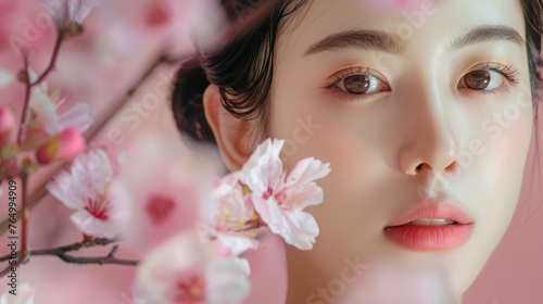 portrait of a Japanese woman with perfect skin with pink trees