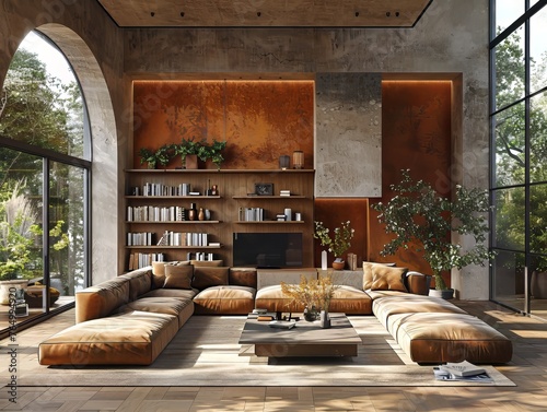 Living room with a brown pallete, during the day time with sofa and decor
