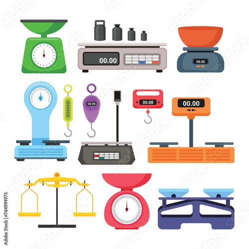 Set of various mechanical electronic store measuring weight scales, kitchen shop measuring instrument isometric vector illustration set weight scales symbols measure scale electronic store. 