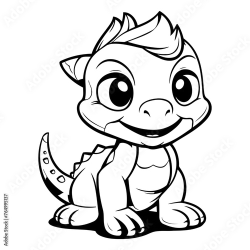 Cute Baby Dinosaur - Black and White Cartoon Illustration. Vector
