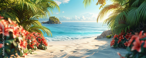tropical beach banner. White sand and coco palms travel tourism wide panorama background © pickypix