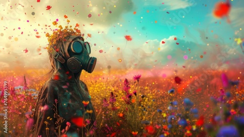 A person wearing gas mask in wild field in Spring.