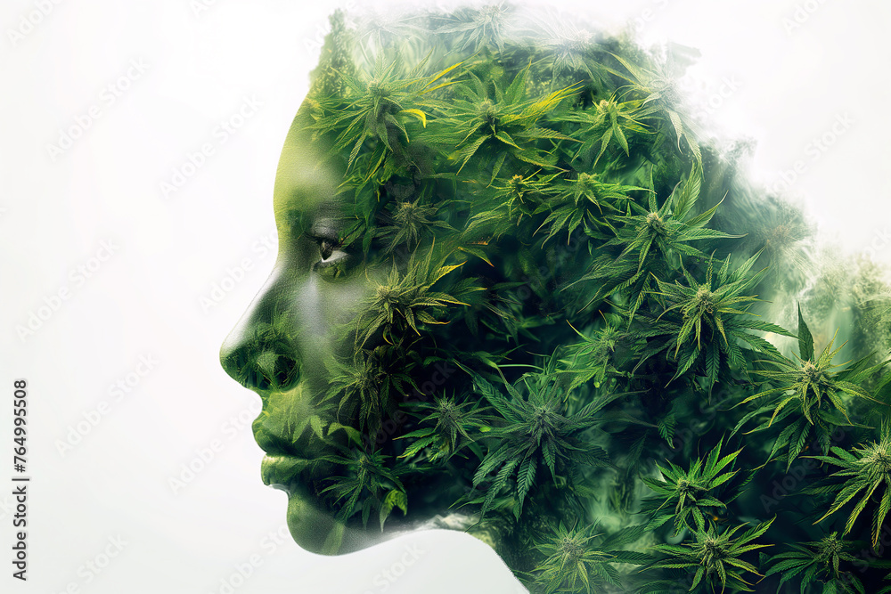 female head of marijuana green leaf cannabis on white isolated background. Art concept of addiction of weed