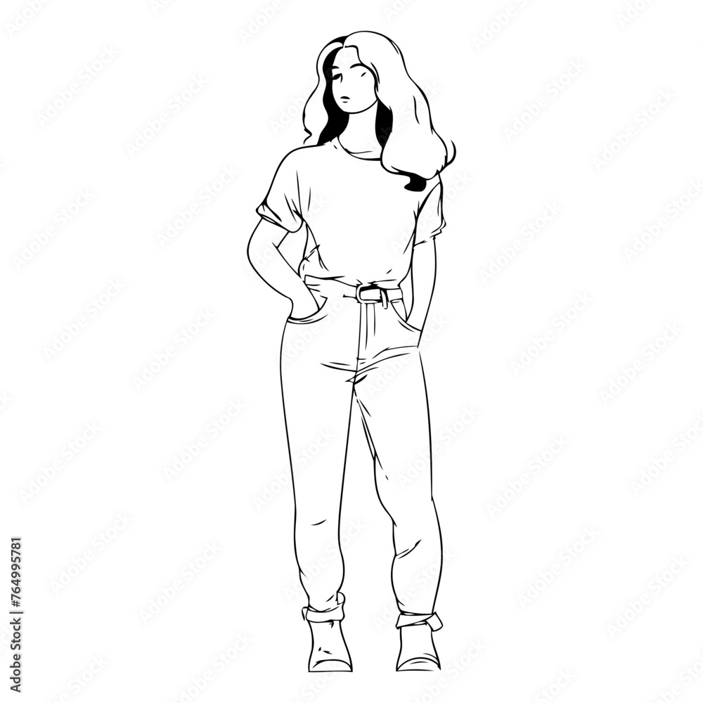 Vector illustration of a red-haired girl in a white T-shirt.
