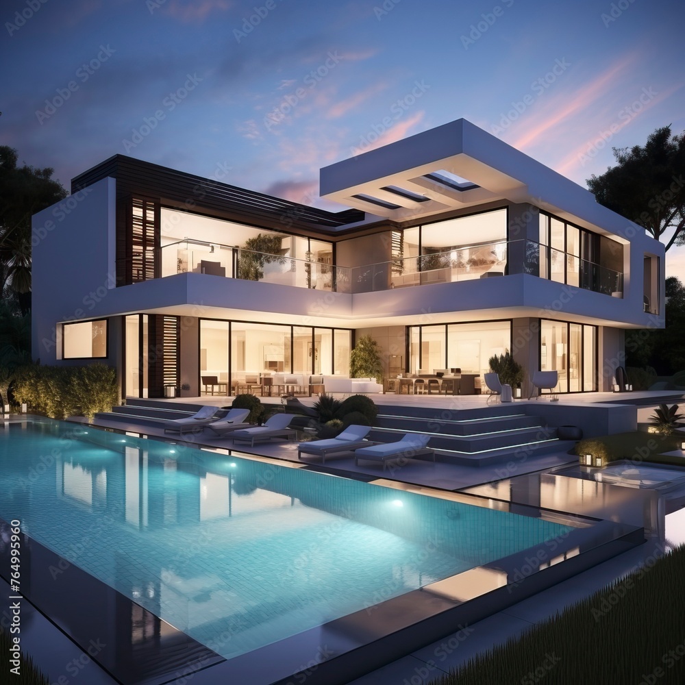 Fototapeta premium Impressive modern mansion with pool at dusk . Natural Landscape 