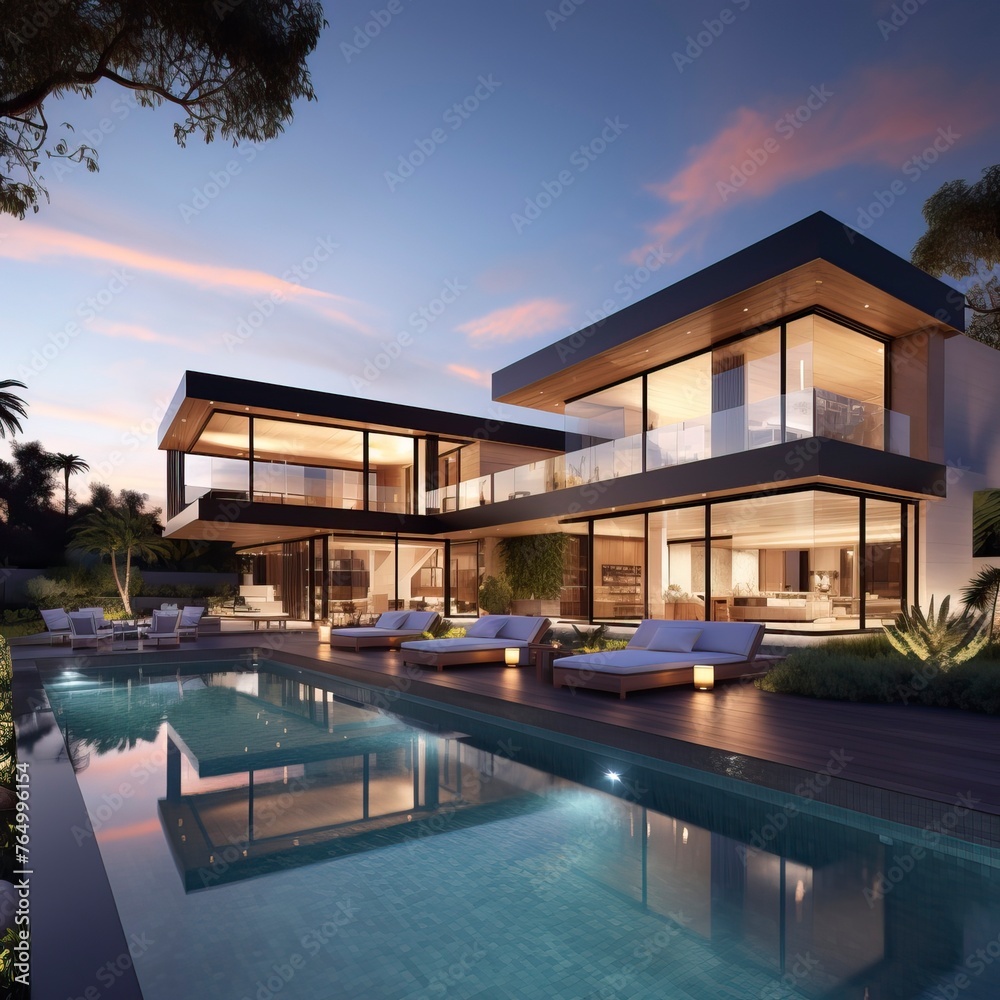 Impressive modern mansion with pool at dusk . Natural Landscape
