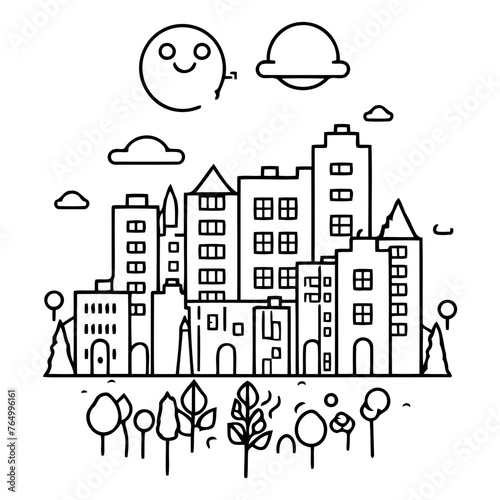 Cityscape with houses and trees in flat style.