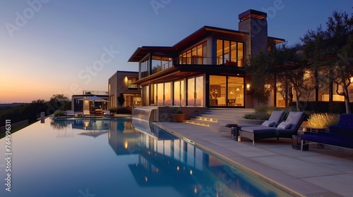 Impressive modern mansion with pool at dusk . Natural Landscape  © CREATIVE STOCK