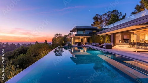 Impressive modern mansion with pool at dusk . Natural Landscape 