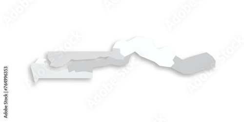 The Gambia political map of administrative divisions - regions and city of Banjul. Grey blank flat vector map with dropped shadow.