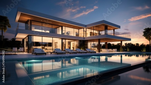 Impressive modern mansion with pool at dusk . Natural Landscape 