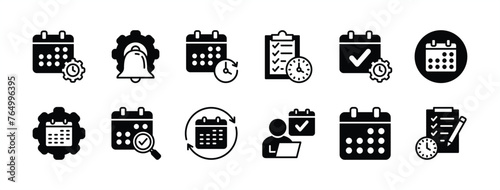 Management business schedule icon set. Containing calendar, notification, planning, time reminder, checklist, date, agenda, deadline, diary event. Vector illustration
