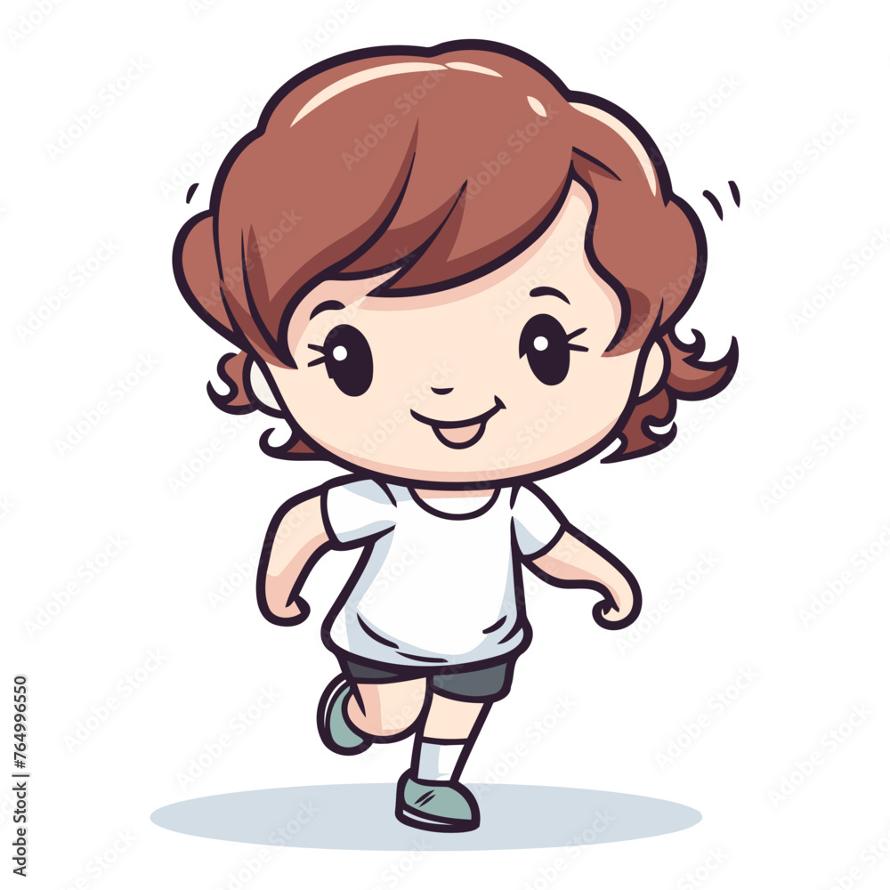 Cute little girl running cartoon vector illustration. Cartoon girl running.