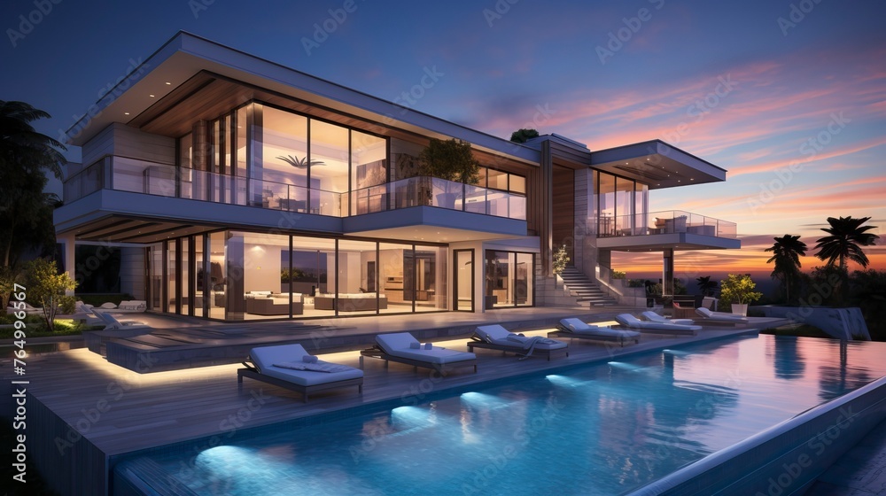 Fototapeta premium Impressive modern mansion with pool at dusk . Natural Landscape 